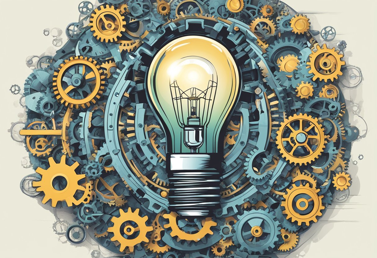 A lightbulb shining brightly, surrounded by gears and cogs, representing the key factors for successful innovation