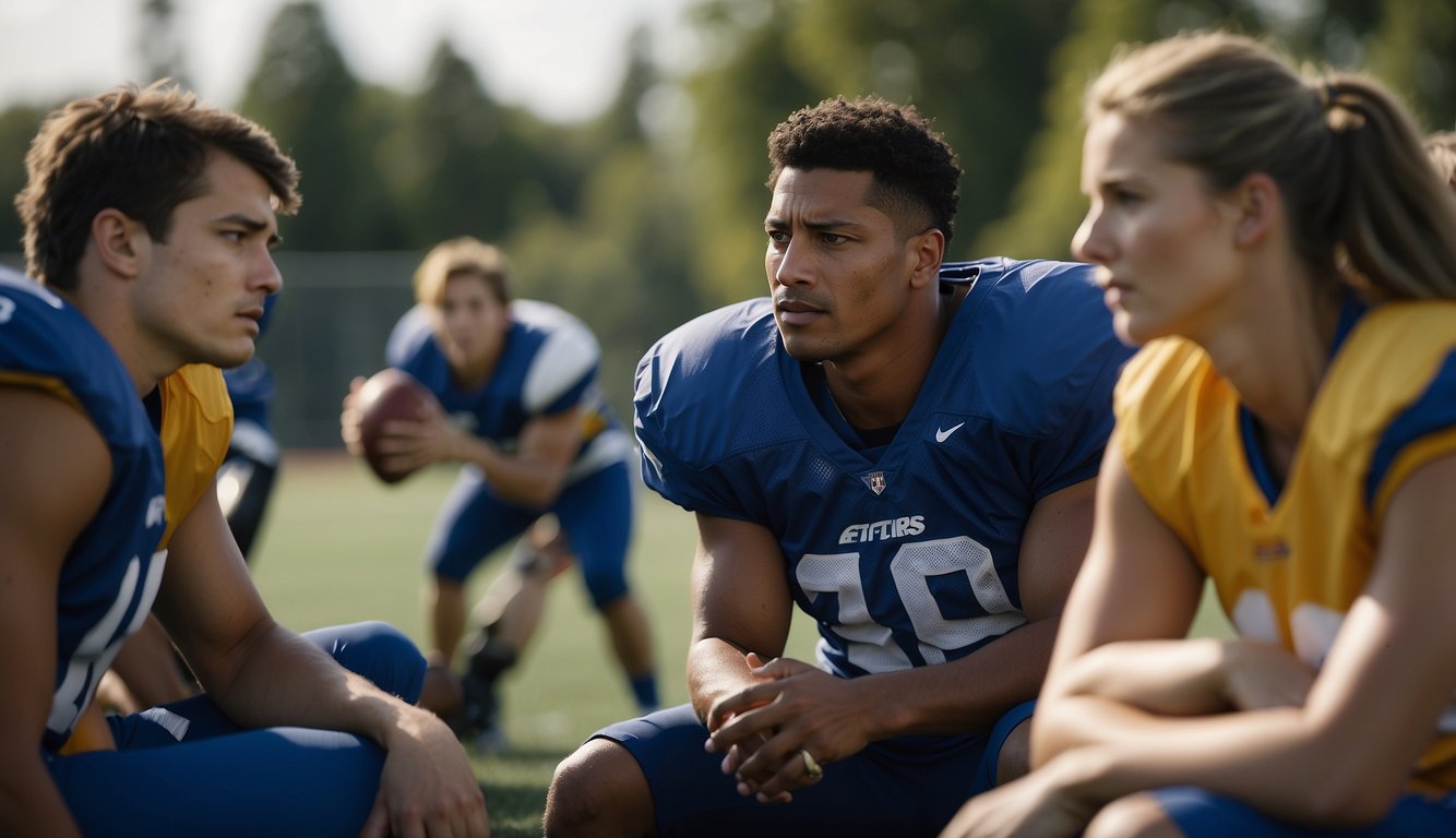 A group of athletes practice teamwork and communication on a field, while others sit on the sidelines, showing frustration and disappointment