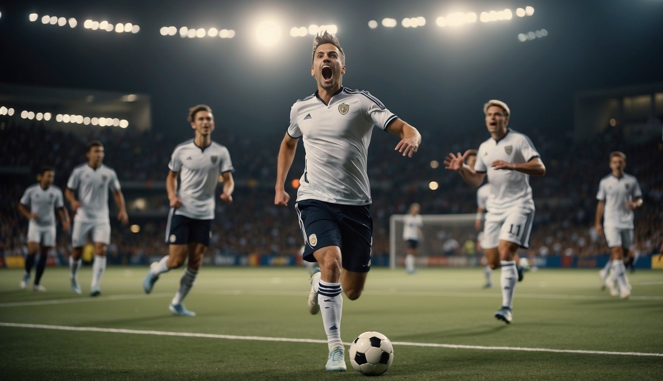 A soccer team celebrates a goal while a tennis player serves alone on the court