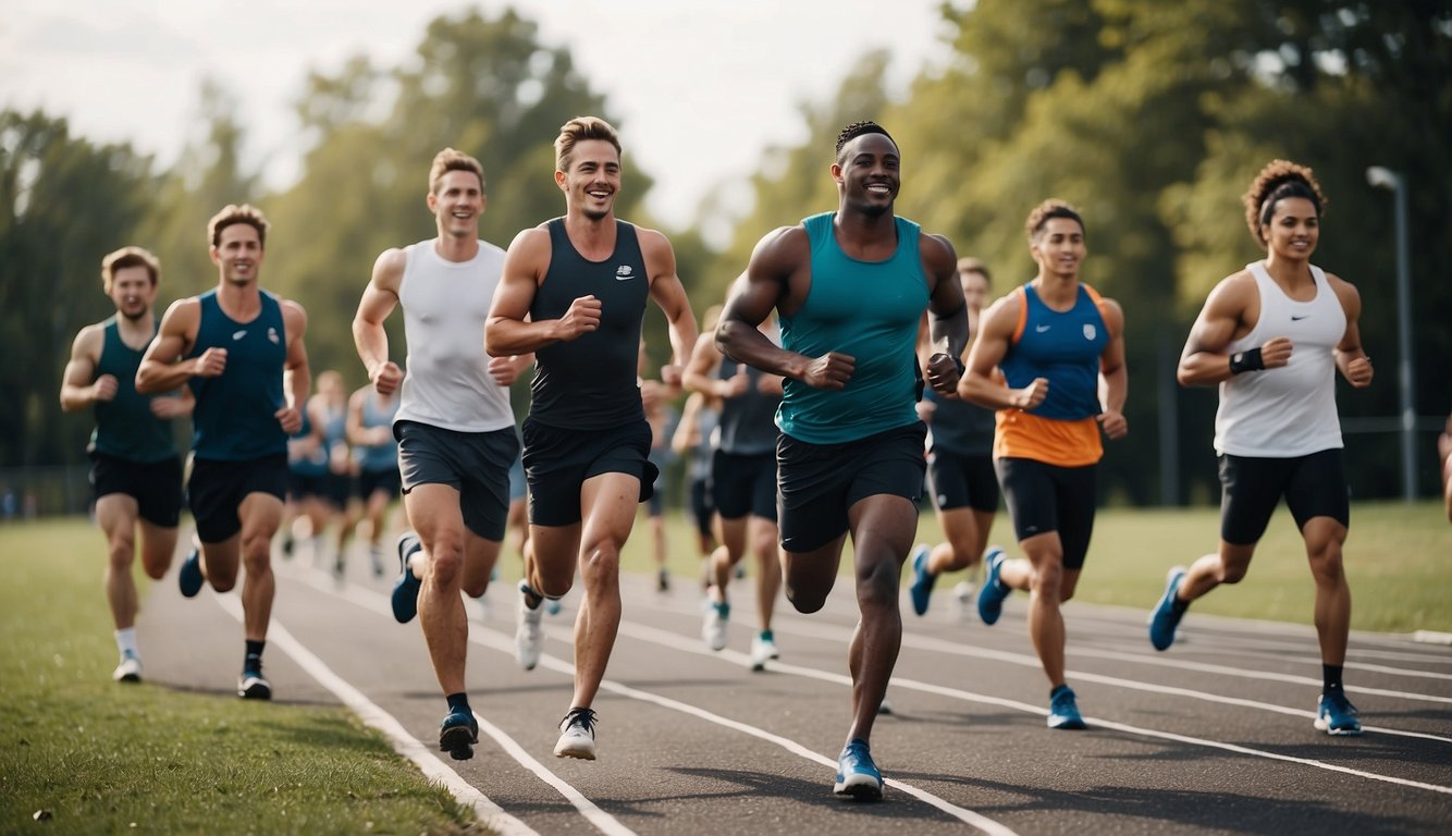 A group of people playing team sports, running, passing, and working together to achieve a common goal, while individuals engage in solo activities like swimming, running, or weightlifting, focusing on their own physical and mental well-being