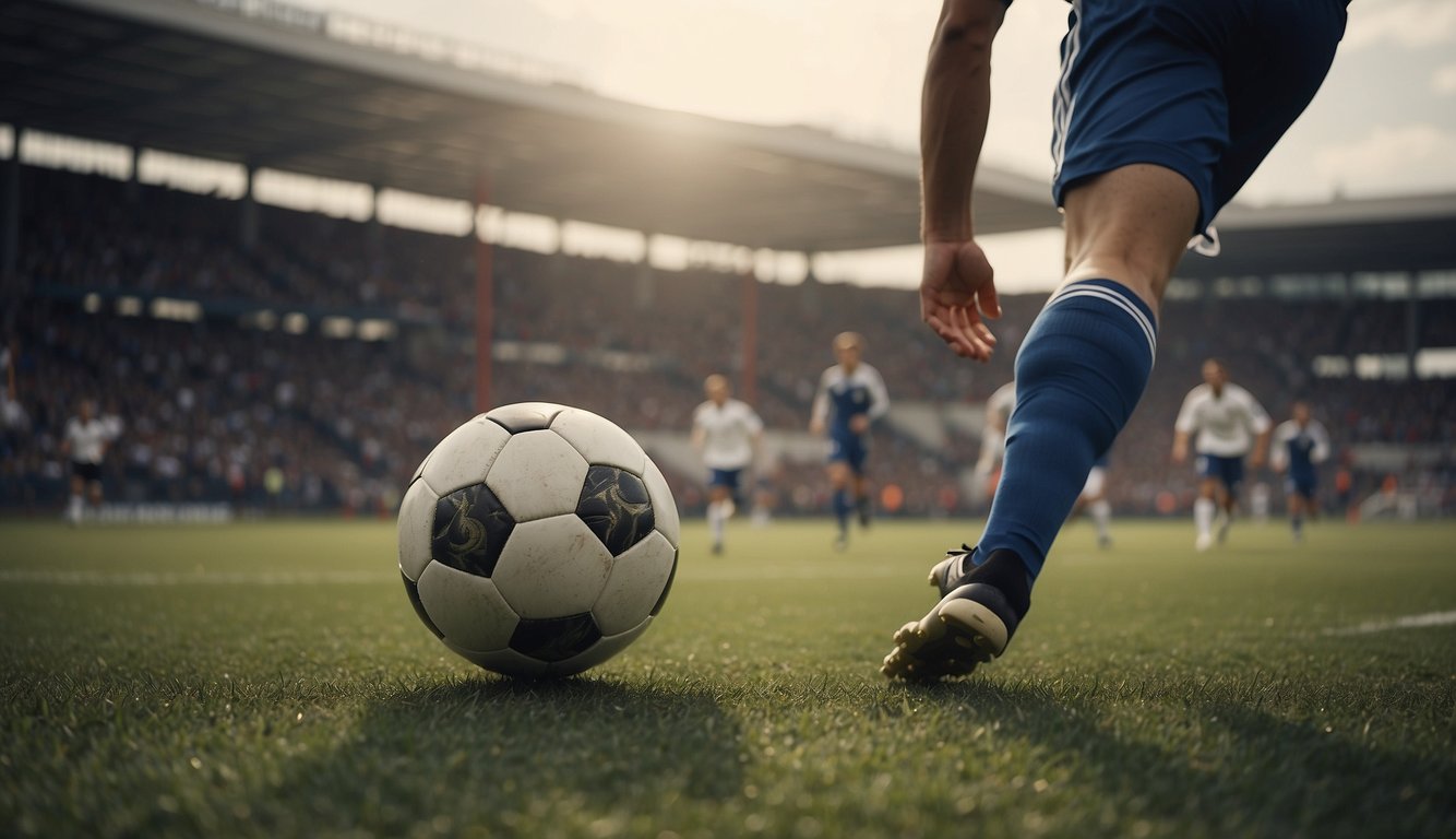 A soccer player kicking a ball towards the goal while teammates and opponents are positioned strategically on the field