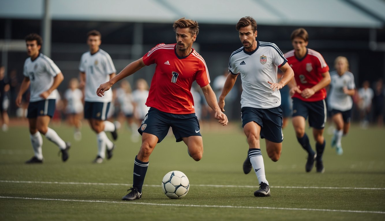 A soccer team competes against a solo tennis player on a vibrant field, showcasing the contrast between team and individual sports