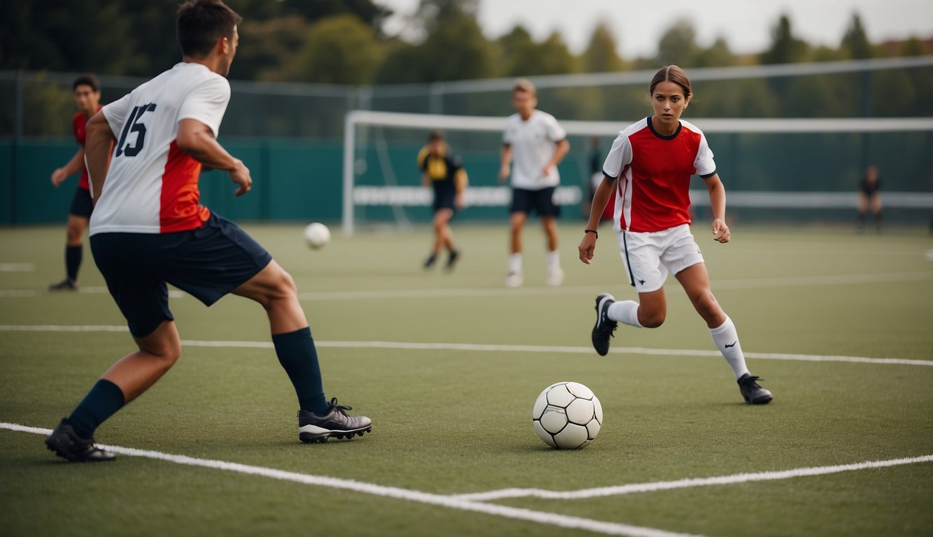 A soccer field with players on one side and a tennis court with a single player on the other side, representing the comparison between team sports and individual sports