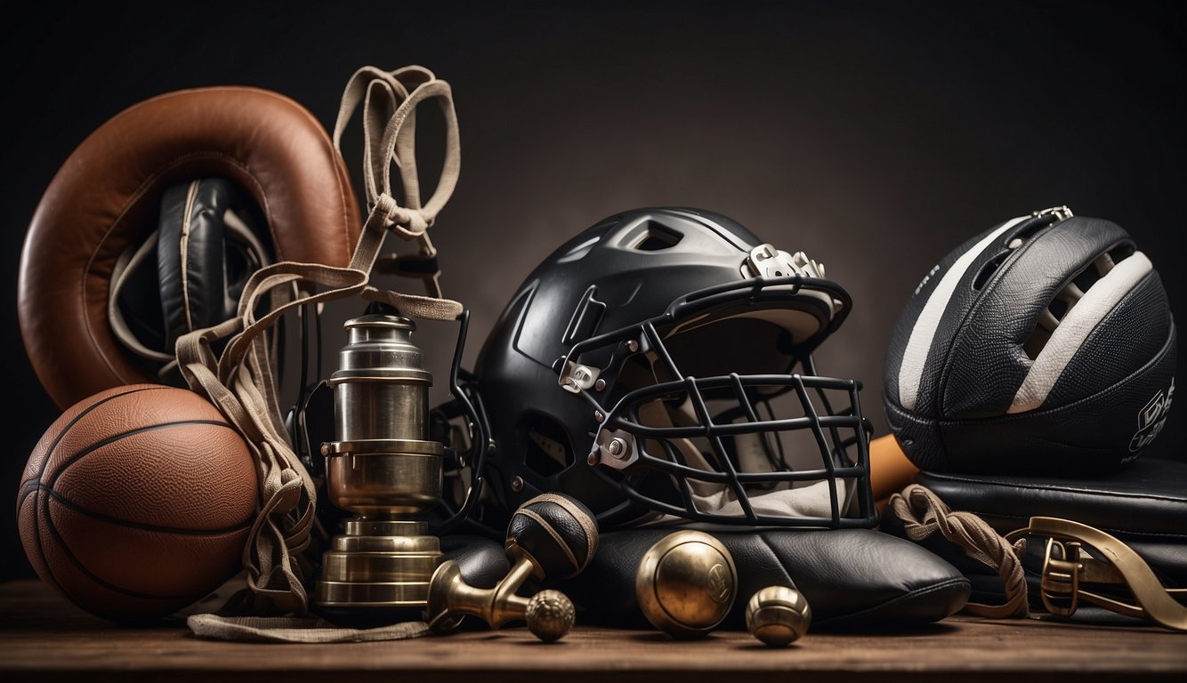 Athletic equipment and gear arranged neatly, surrounded by motivational quotes and images of sportsmanship