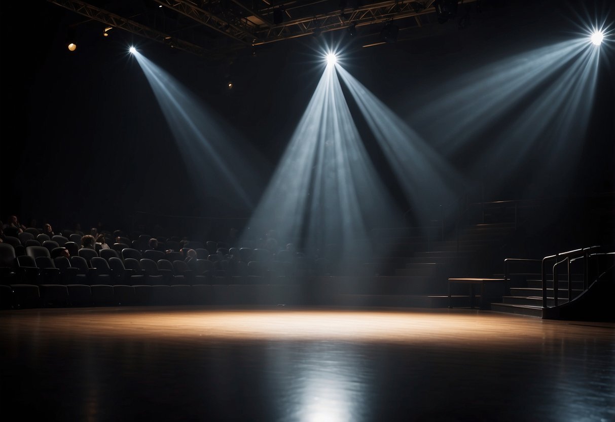 A lone spotlight shines on an empty stage, illuminating the center while the surrounding area fades into darkness. Symbolizing the Spotlight Effect, where individuals believe they are the focus of others' attention when in reality, people don't think about them that much