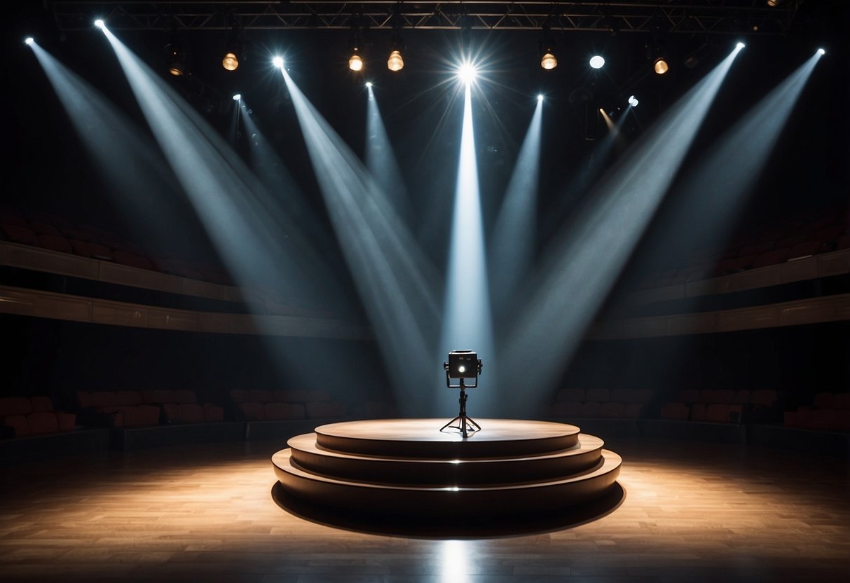 A single spotlight shines down on an empty stage, illuminating the center while the surrounding area remains in darkness