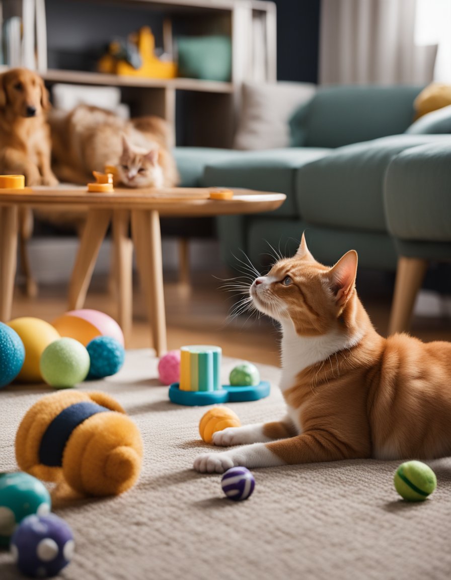 A dog and a cat playing together with various toys in a cozy indoor setting, surrounded by colorful and engaging activities