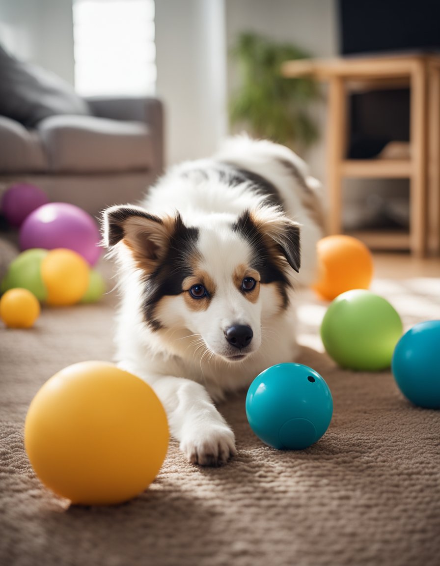 Dogs and cats playing with interactive toys, chasing balls, and exploring tunnels in a colorful, cozy indoor setting