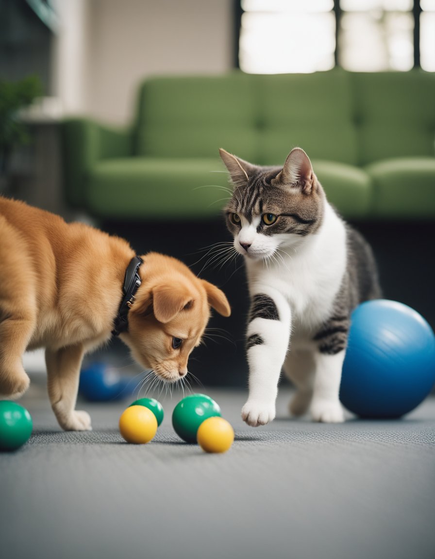 A dog and a cat engage in training-based games indoors, demonstrating skill-building fun