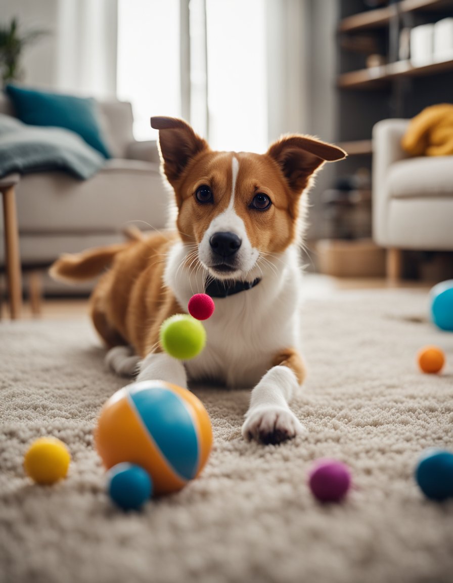 A dog and cat playing with toys in a cozy living room. The dog is chasing a ball, while the cat is batting at a feather wand