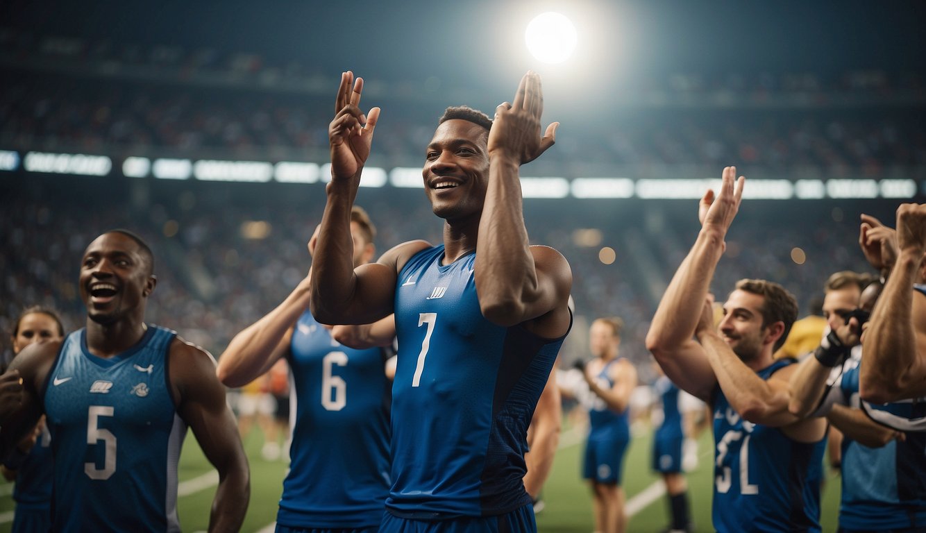 A group of athletes celebrate a team victory, while a lone athlete reflects on a personal achievement