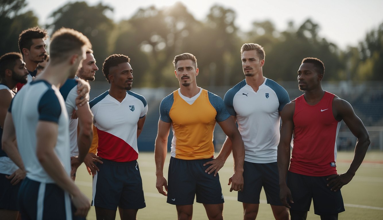 A group of athletes huddle together, displaying camaraderie and teamwork. Meanwhile, a lone athlete stands focused and determined, exuding independence and self-reliance