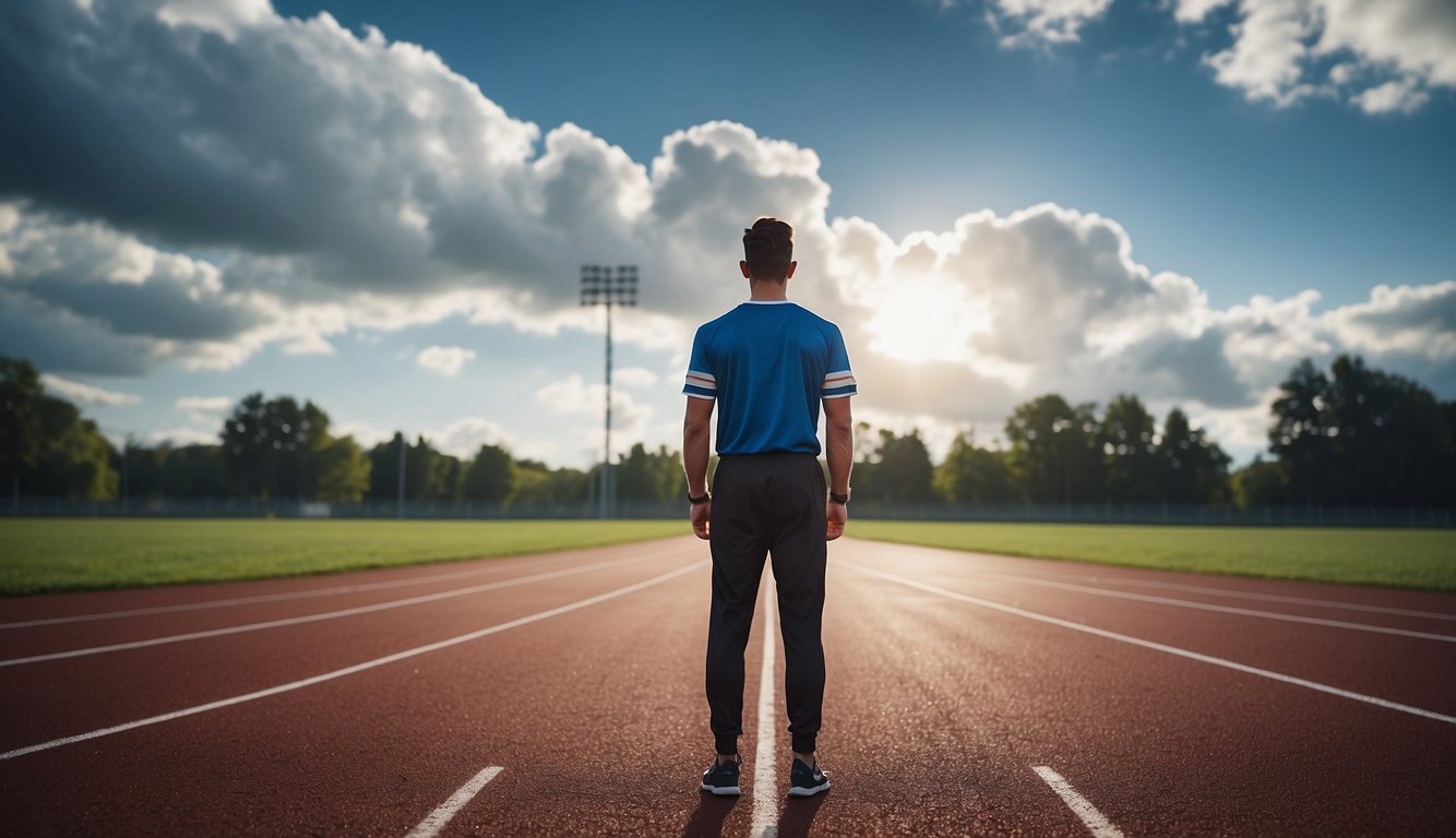 An athlete stands at a crossroads, one path leading to a team sports field, the other to a solitary track. A cloud of uncertainty hovers above, symbolizing the inner struggle between the camaraderie of team sports and the individualism of