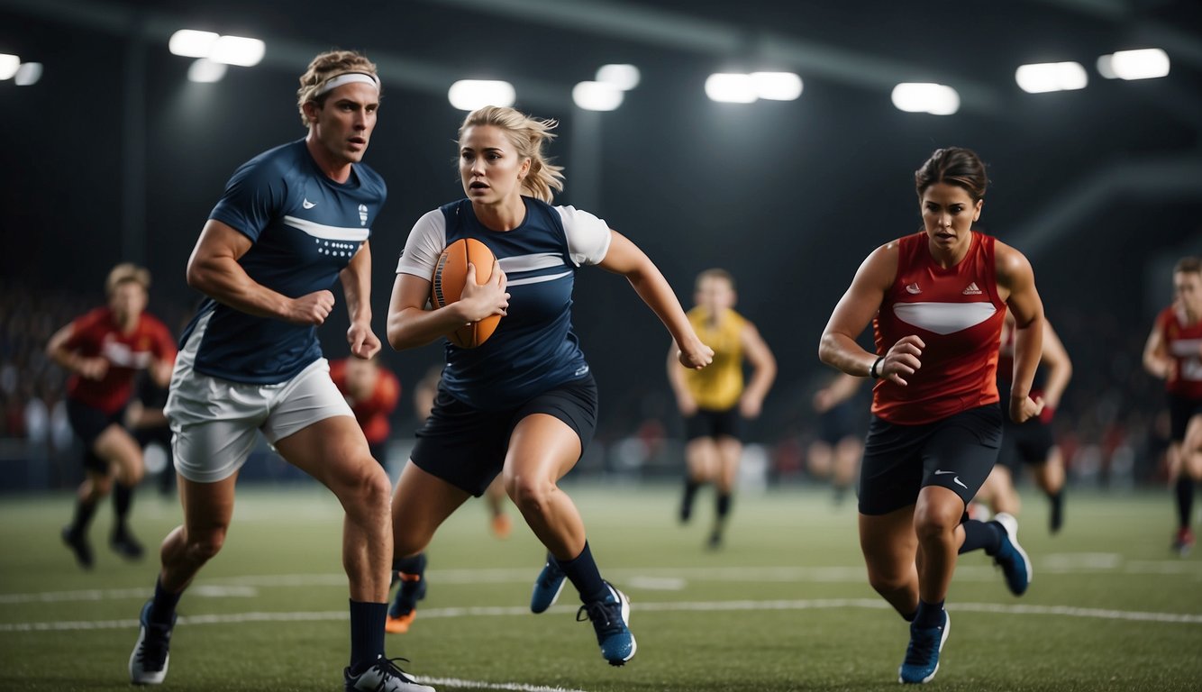 A group of people engage in team sports, while others participate in individual sports. The atmosphere is filled with energy and determination as they focus on their physical activity