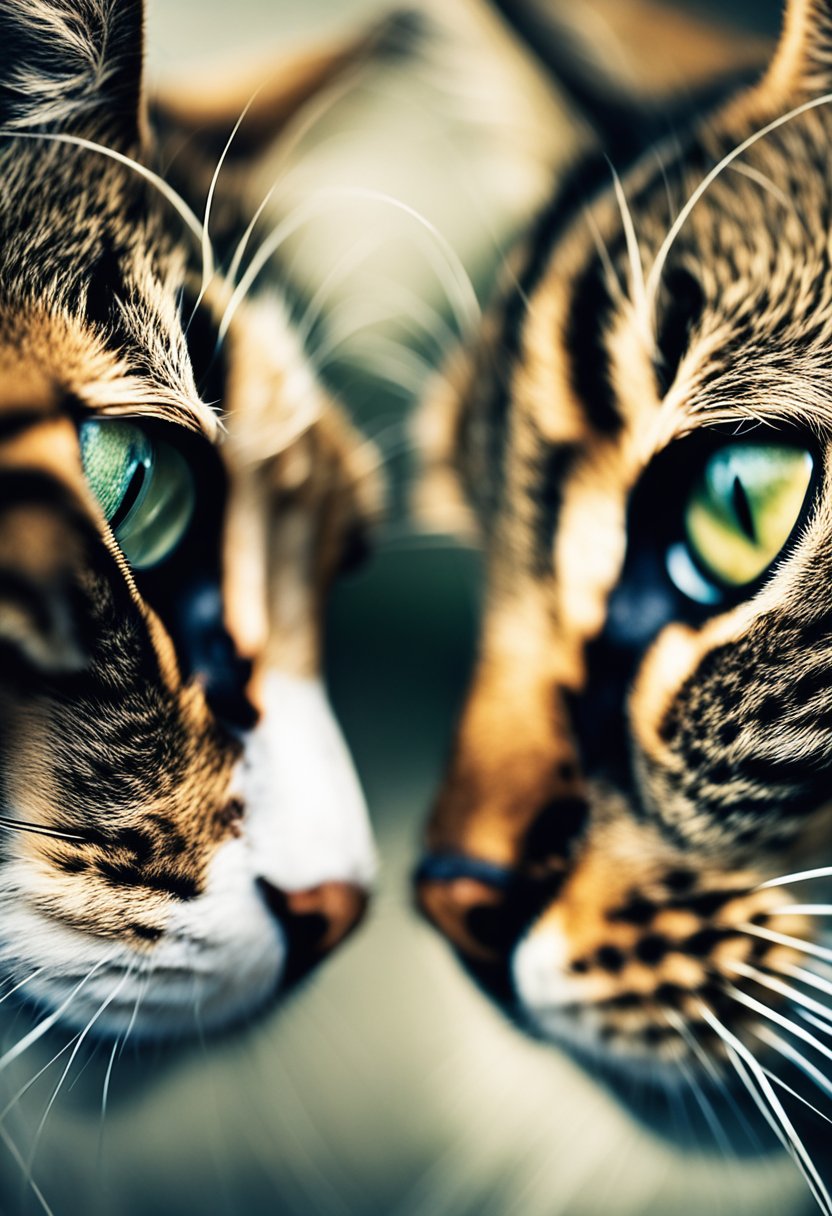 Two cats rubbing their heads together, tails entwined, and purring softly, showing signs of affection and bonding