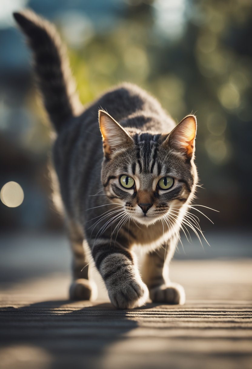 A cat crouches low to the ground, ears flattened and tail puffed up. Its eyes are wide and pupils dilated, showing signs of fear