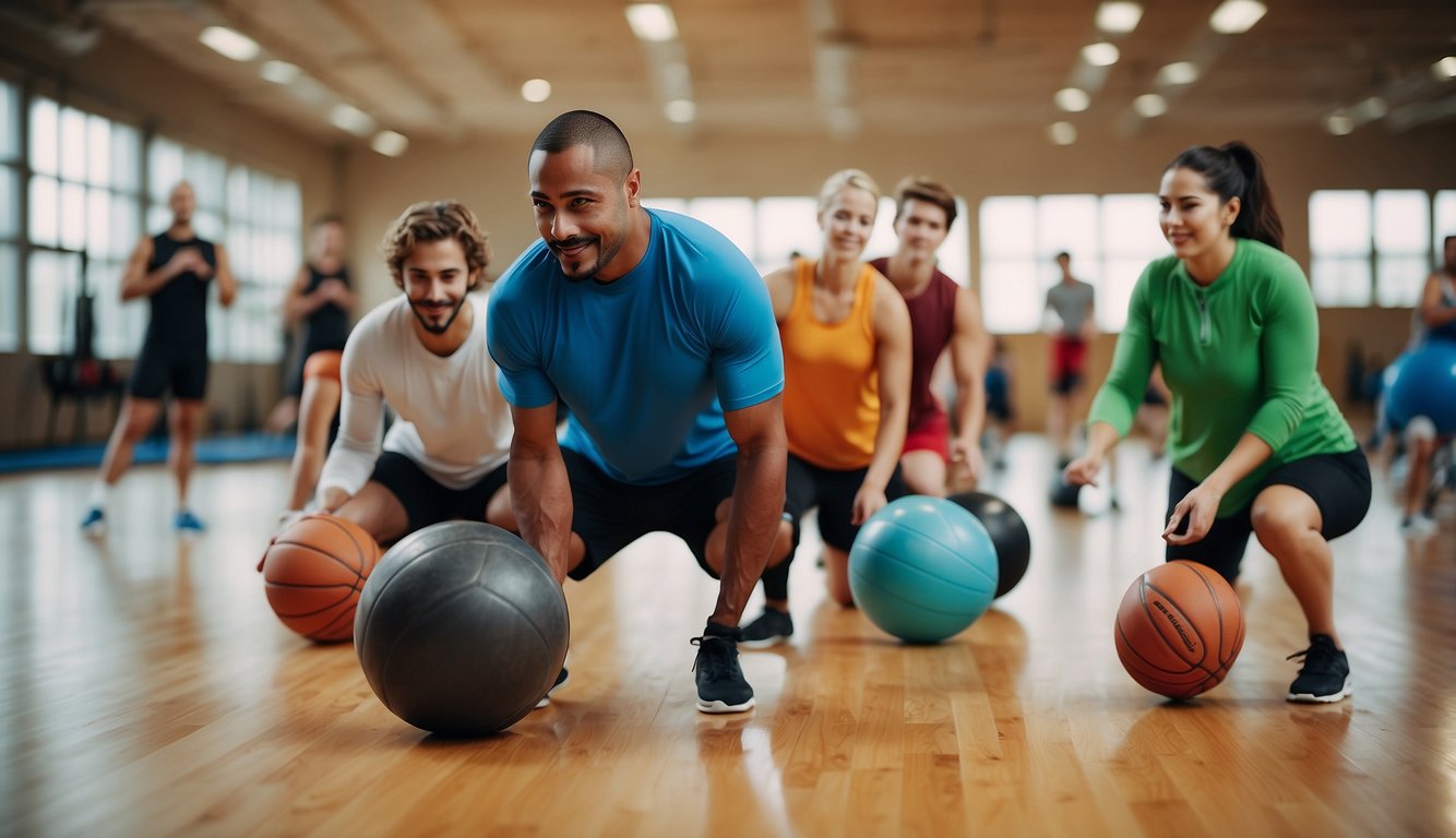 People playing various sports: soccer, basketball, tennis, and cycling. A gym with people doing yoga, weightlifting, and spinning. Outdoor activities like hiking, running, and swimming