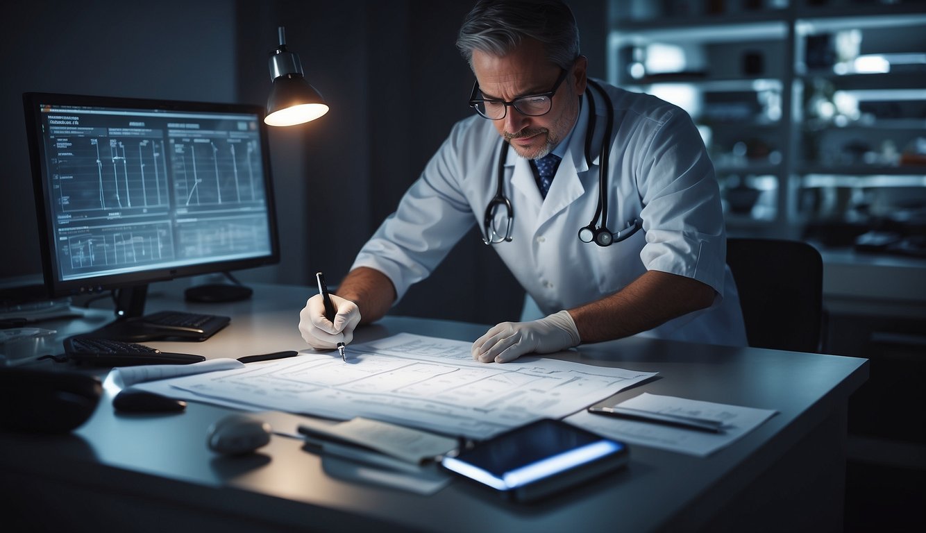 A sports doctor examines equipment and reviews medical charts