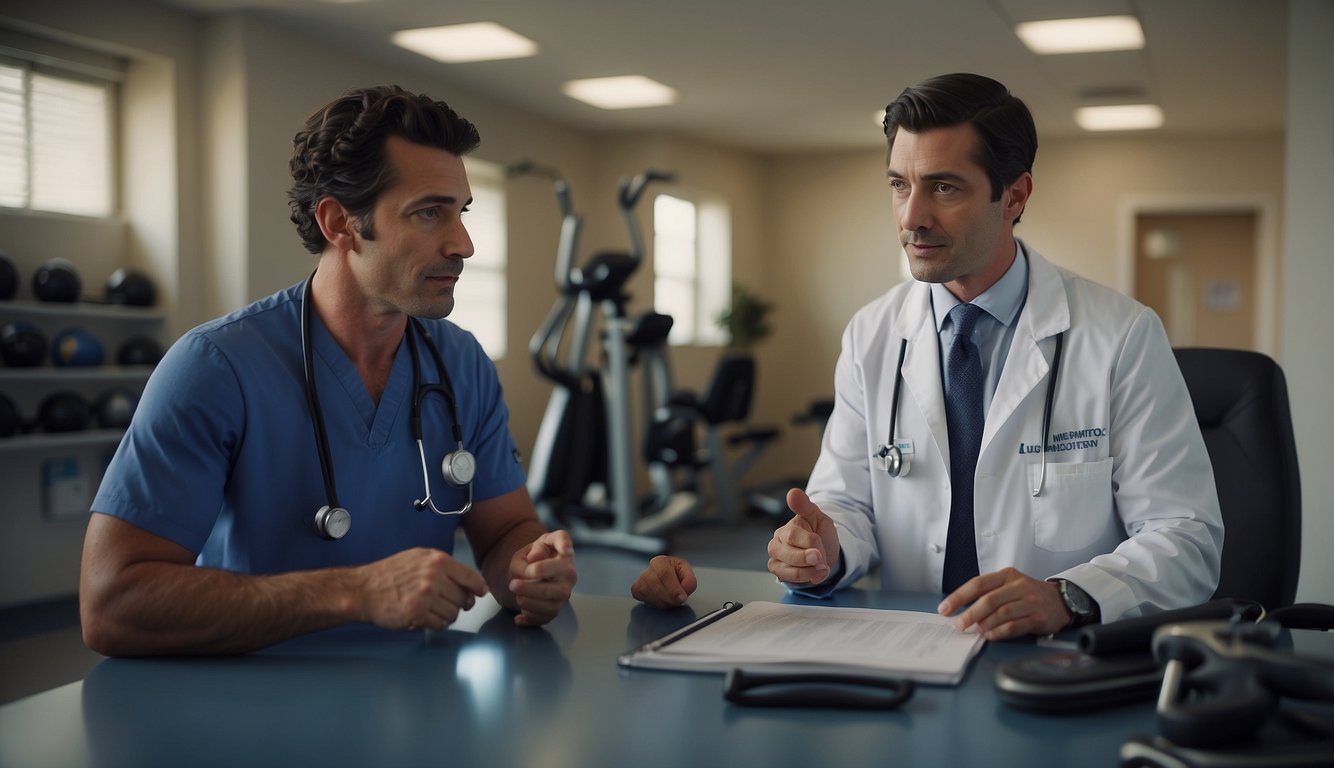 A sports doctor discusses exercise and healthy living with a patient, surrounded by sports equipment and educational materials