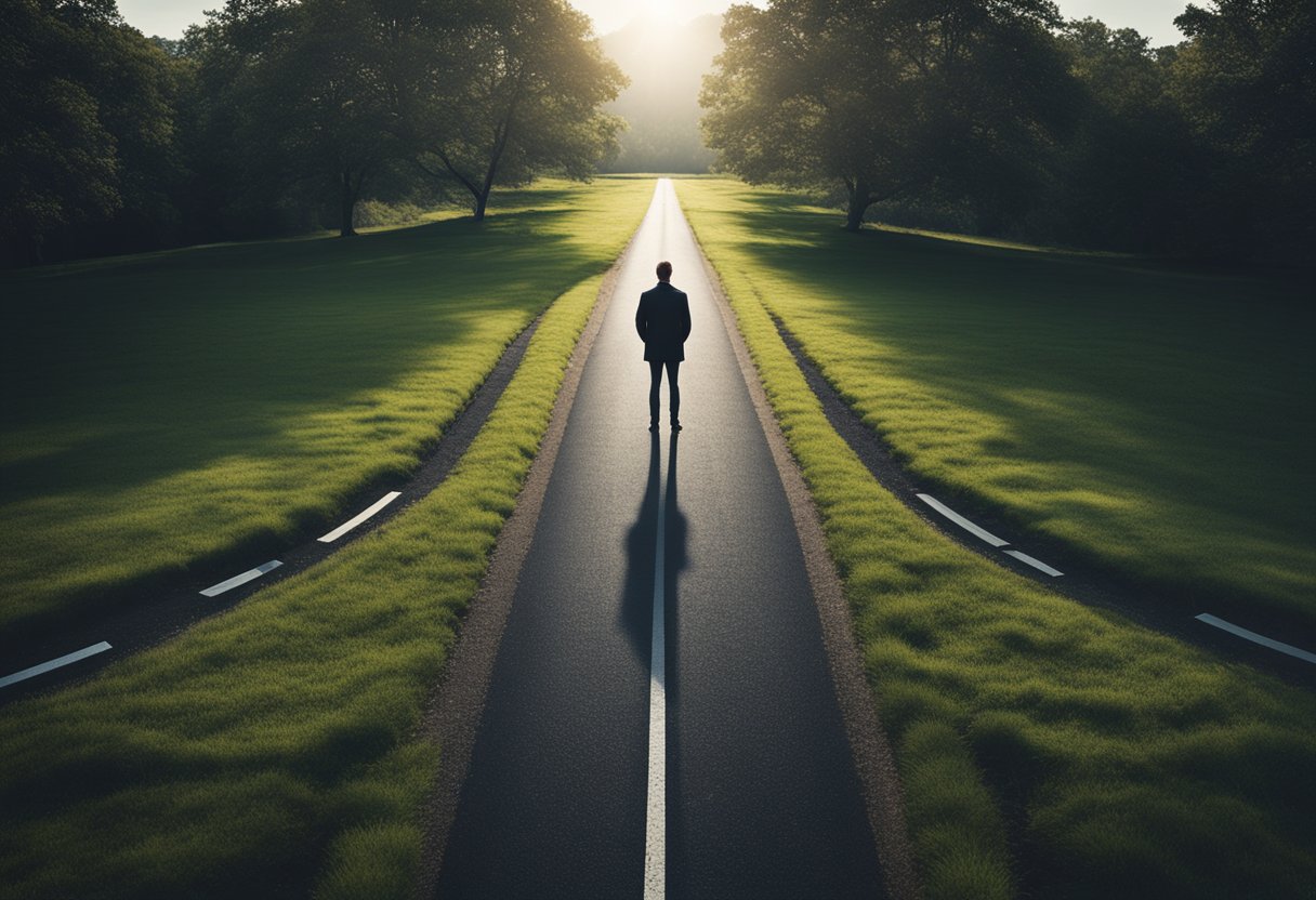 A person standing at a crossroads, with one path leading towards a dark and stagnant environment, and the other path leading towards a bright and flourishing landscape