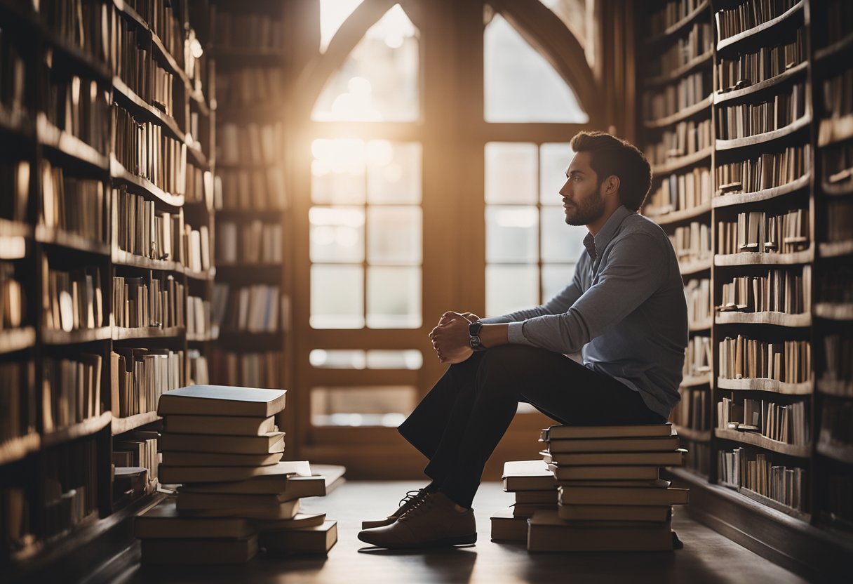 A serene setting with a person sitting in deep contemplation, surrounded by books and motivational quotes, symbolizing personal growth and transformation through personal development coaching