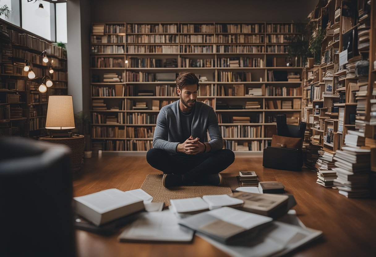 A person sitting in a quiet room, surrounded by motivational books and a vision board, while receiving personal development coaching