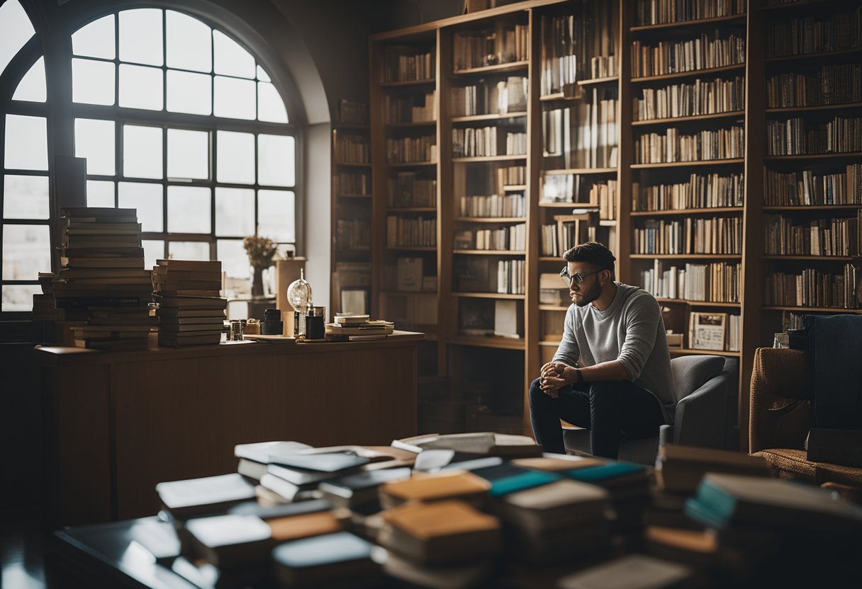 A person sitting in front of a mirror, deep in thought, surrounded by self-help books and motivational quotes