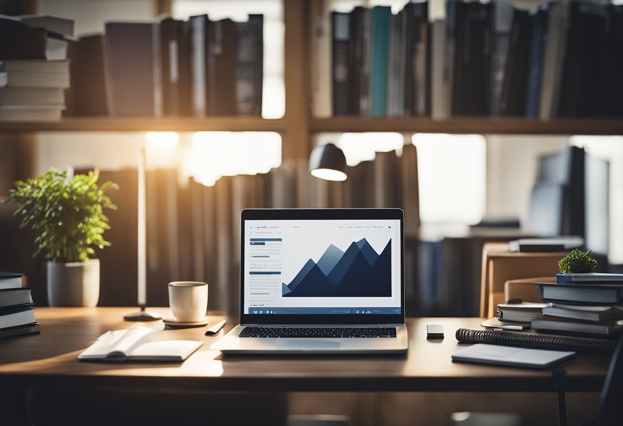 A desk with a laptop, notebook, and pen. A bookshelf filled with self-help and coaching resources. A serene, organized space for personal development