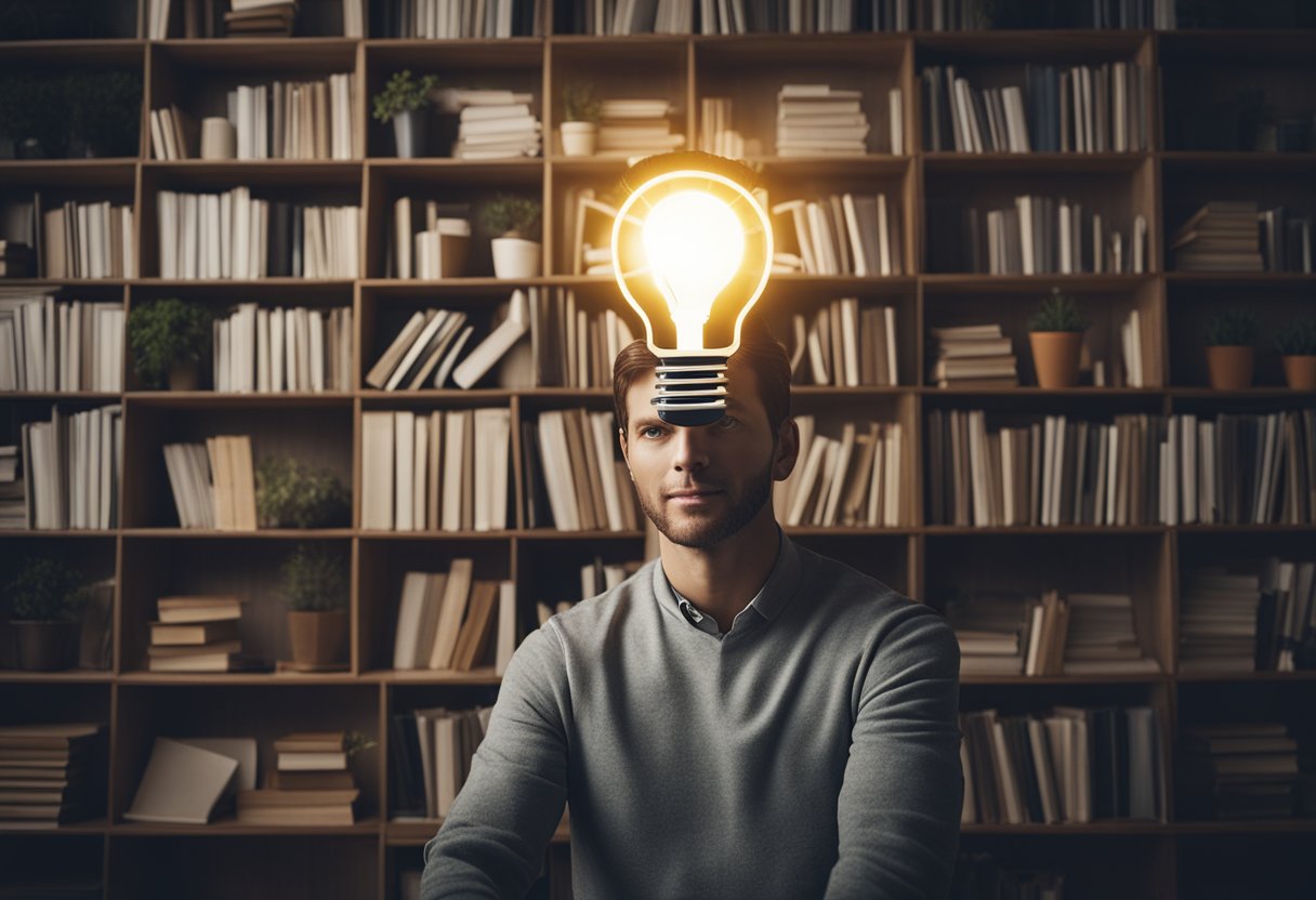 A person surrounded by books and plants, with a lightbulb above their head, symbolizing growth and change through personal development coaching