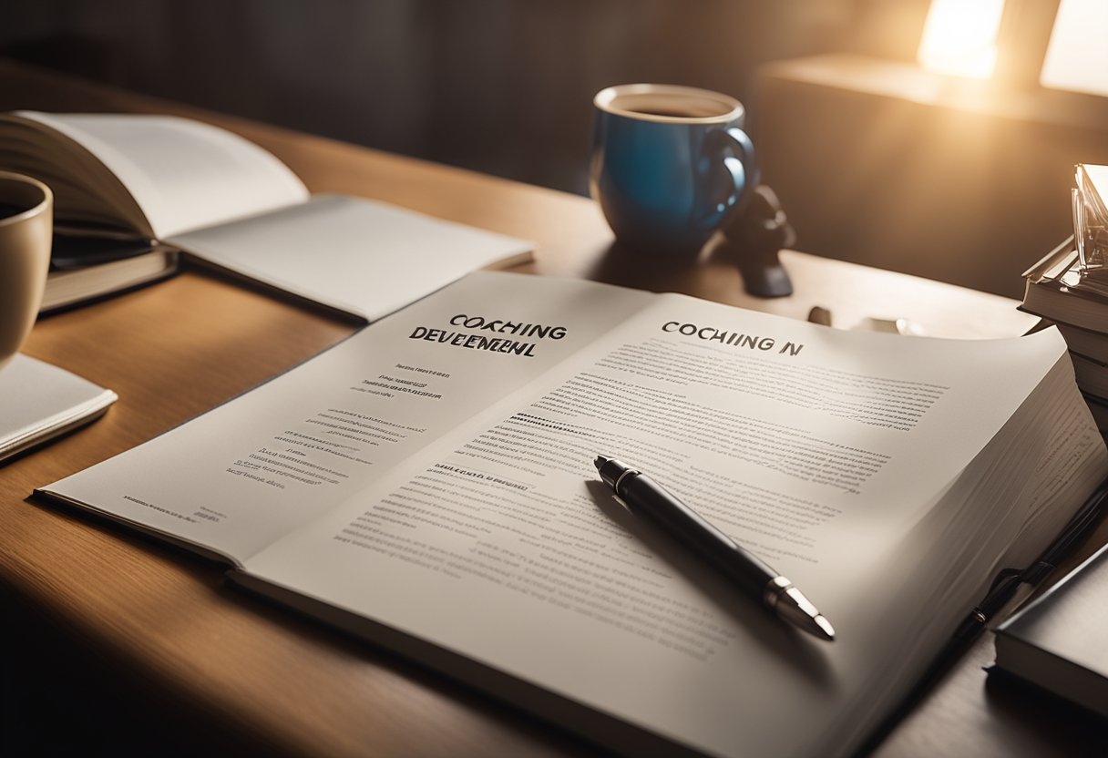 A person sitting at a desk, surrounded by books and a notebook, with a pen in hand, while a beam of light shines on the words "Coaching en Développement Personnel" on a poster