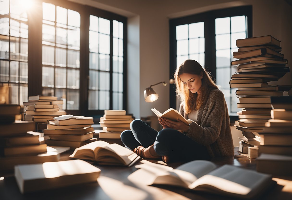 A person sitting in a peaceful, organized space, surrounded by motivational books, a vision board, and a journal, with a bright light shining through the window