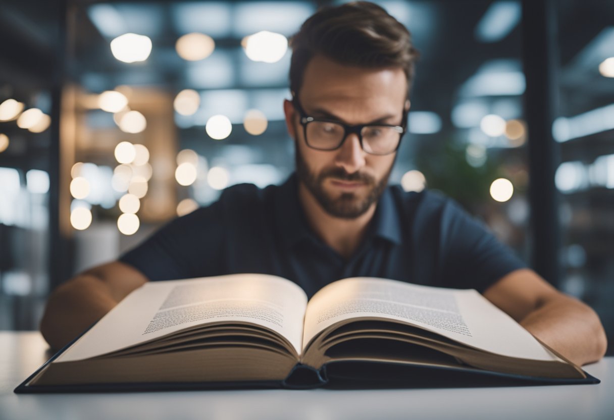 A person reading a book titled "Frequently Asked Questions Comment Changer Votre Vie immédiatement avec le Coaching en Développement Personnel" with a thoughtful expression