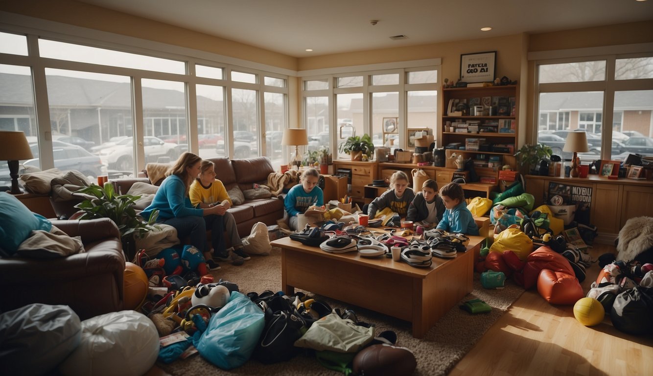 A cluttered living room with sports equipment strewn about, a frustrated parent reviewing bills at the kitchen table, and children looking longingly at expensive sports gear in a store window