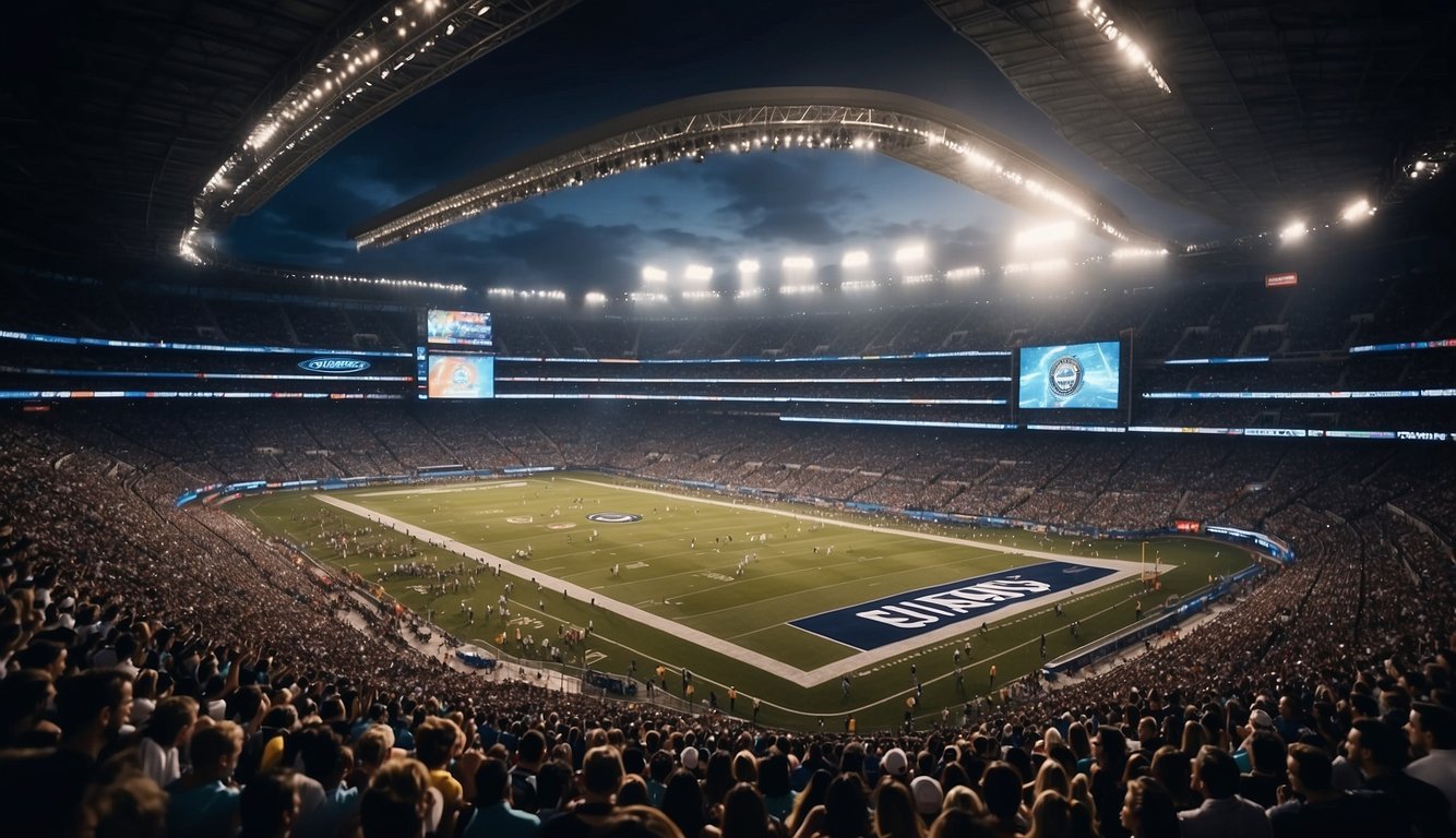 A crowded stadium with expensive tickets, a large scoreboard displaying sponsorship logos, and athletes wearing branded uniforms