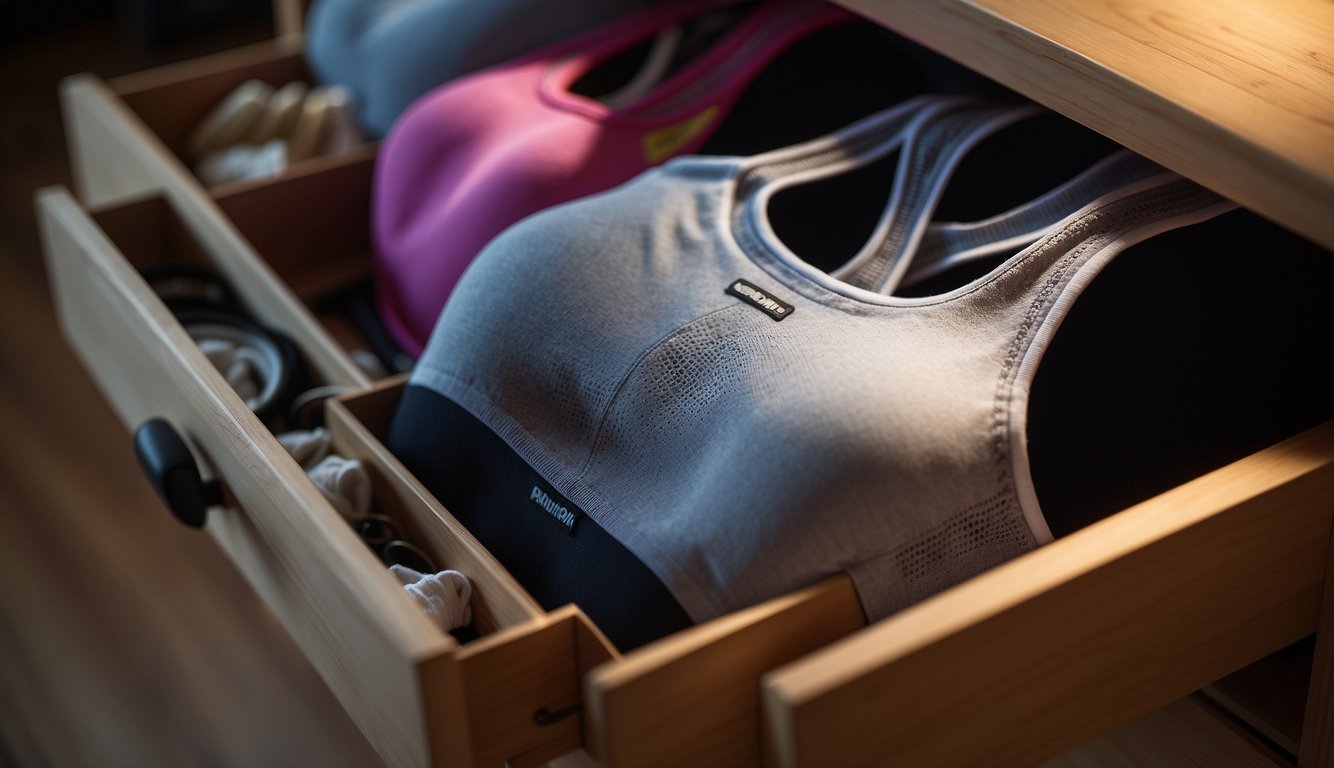 A sports bra replaces a regular bra in a dresser drawer