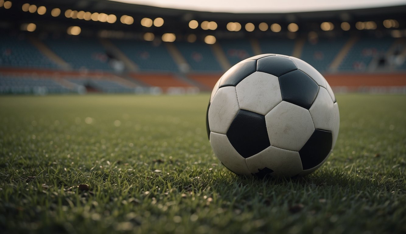 A soccer ball rolls across a field, abandoned by players. An empty stadium looms in the background, silent and still