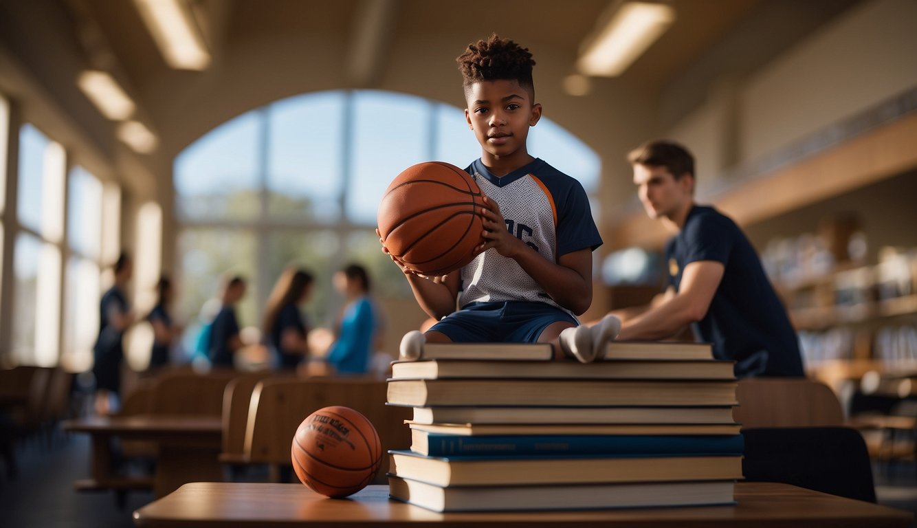 A student athlete balances books and a basketball, symbolizing the role of sports in education and career