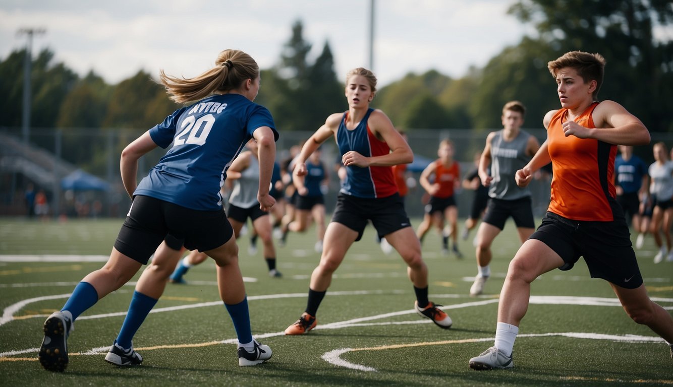 High school athletes compete on a field while club athletes train in a gym, showcasing the contrast between team-based school sports and individual-focused club sports