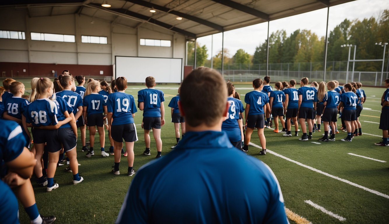 High school sports: crowded practice field, players in uniforms, coach with a whistle.
Club sports: smaller group, diverse ages, indoor facility, coach with whiteboard