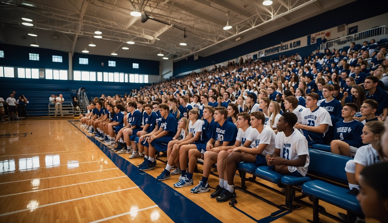 High school sports: crowded bleachers, school logo on uniforms. Club sports: private facility, modern equipment, sponsor banners