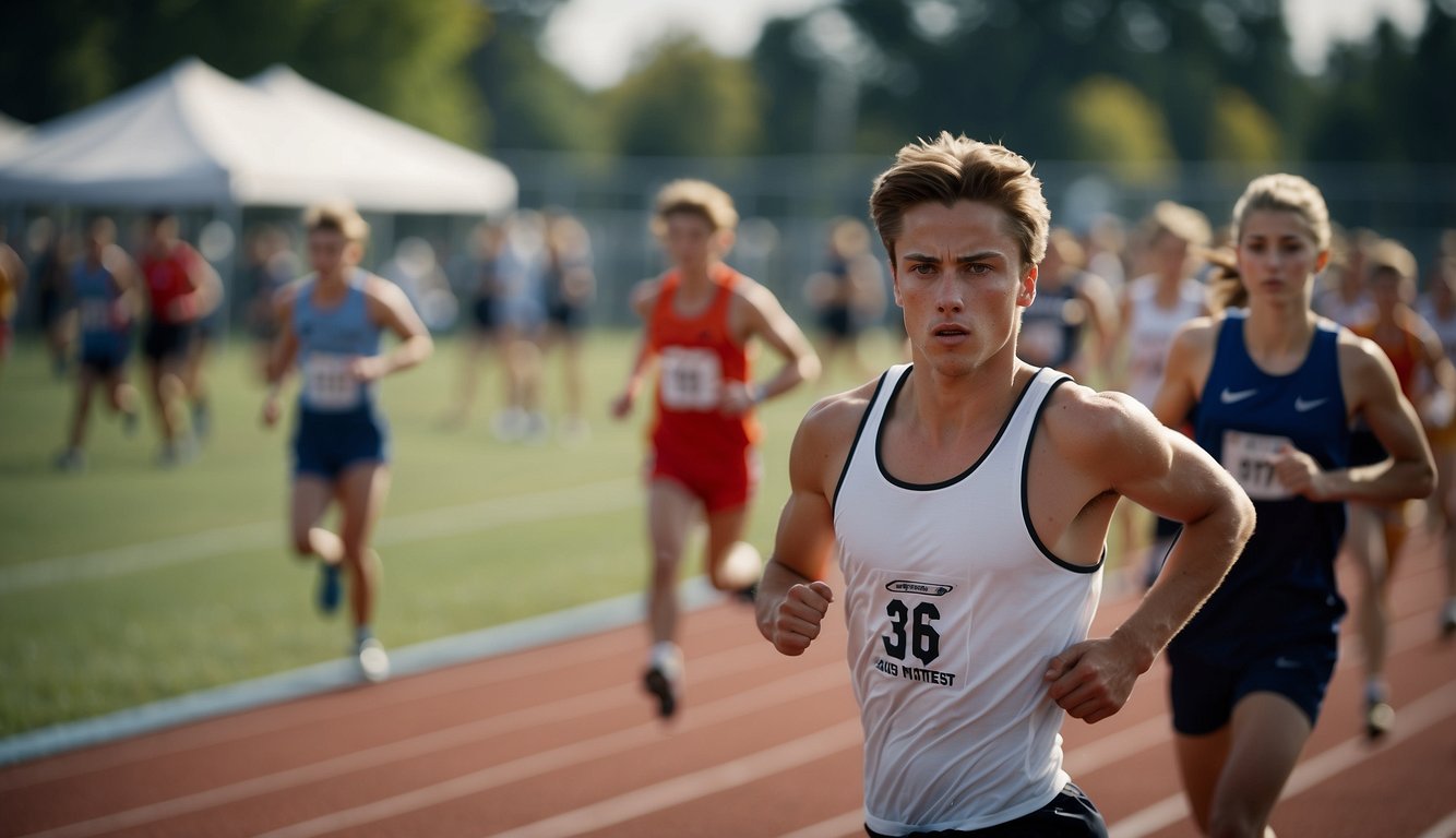 A high school track meet with students competing in various events, while nearby, a club soccer team practices on a field