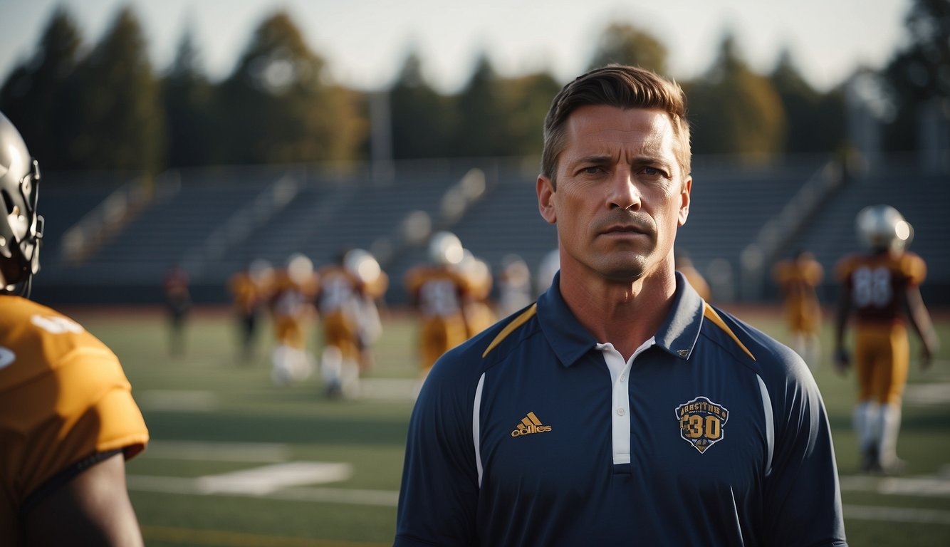 A coach stands on a field, surrounded by high school and club sports equipment. Players in different uniforms train with focus and determination