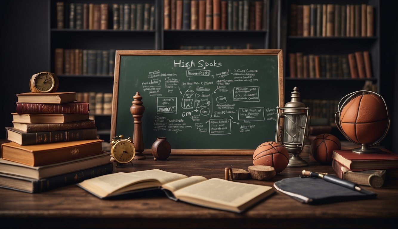 High school and club sports logos on a chalkboard with academic books and a graduation cap nearby