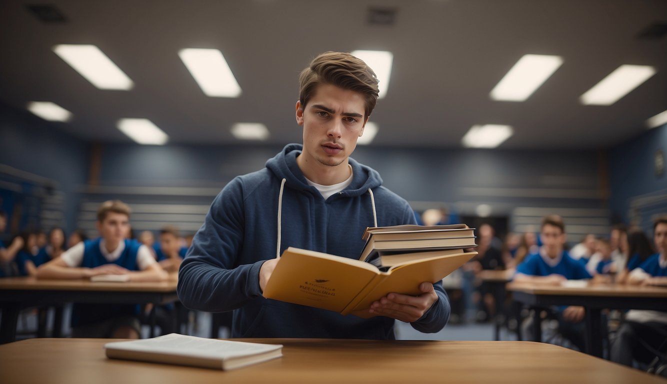 A student juggling textbooks and sports equipment, torn between high school team and club team