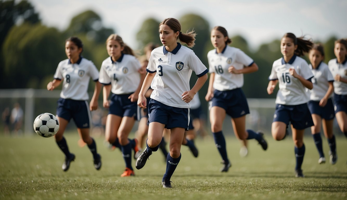 A group of students in school uniforms competes in a soccer match against a team of athletes in club uniforms on a grassy field