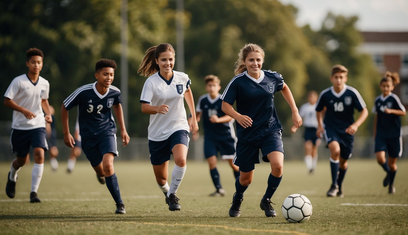 A group of students in school uniforms play soccer on a field, while athletes in club jerseys practice basketball on a nearby court