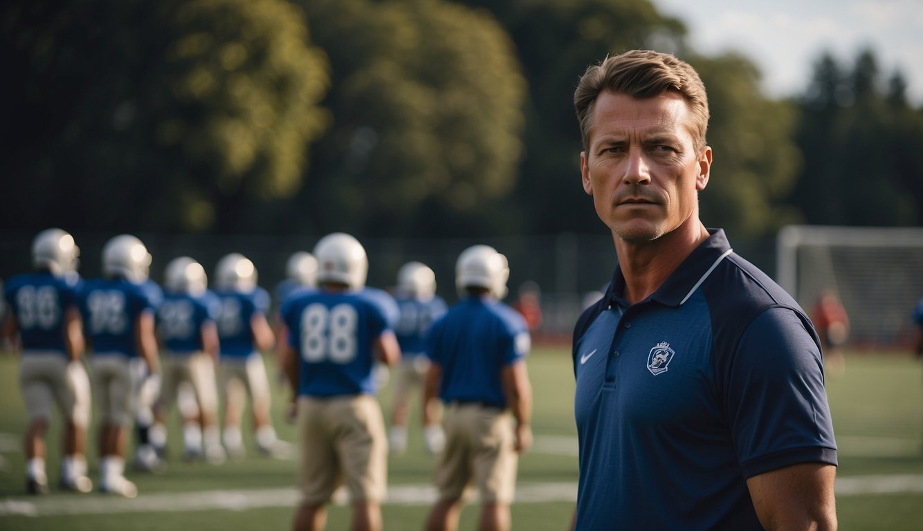 A coach stands on the sidelines, overseeing a club sports team practicing on a field, while in the distance, a school sports team trains on the school's campus