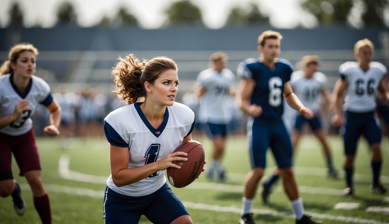 A group of students engage in intense competition on the field, while others observe and cheer from the sidelines, highlighting the social and psychological dynamics of club sports versus school sports