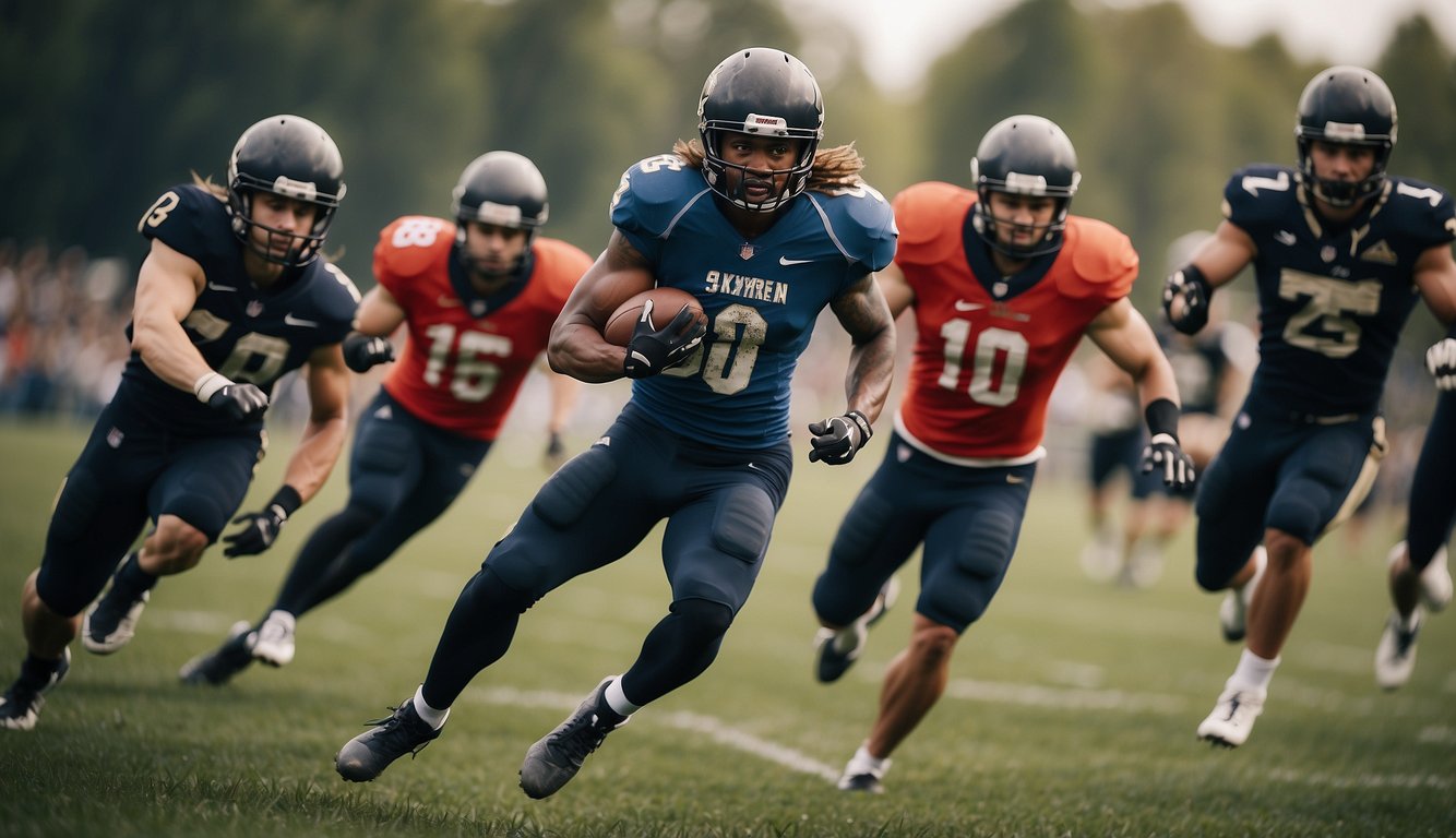 Athletes racing, jumping, and tackling in a field without a ball