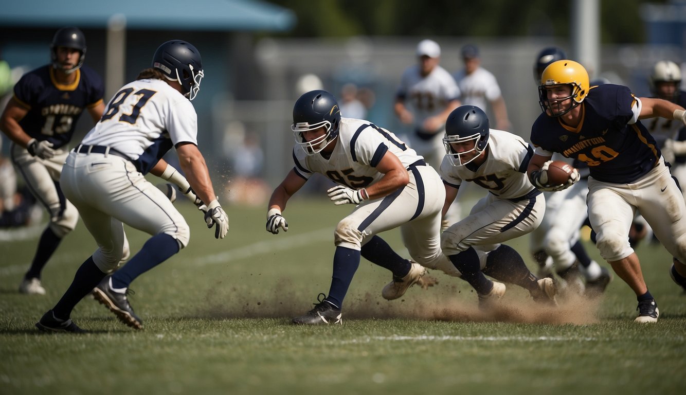 Players sprint, dive, and tackle on a grassy field. Bats, rackets, and sticks are wielded in fast-paced competition